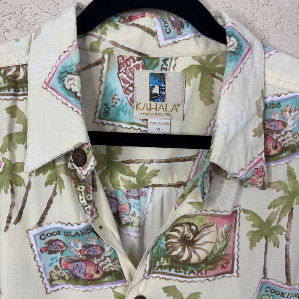 Kahala Shirt Mens XL Pale Yellow PalmTrees Hawaiian Aloha Popover Beach Vacation - Picture 3 of 9
